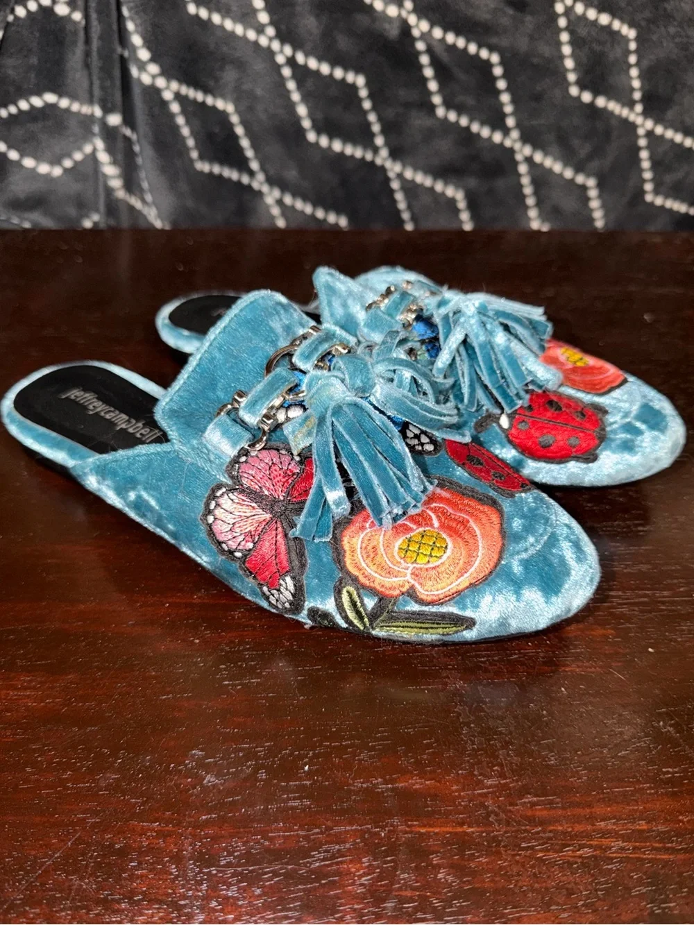 Jeffrey Campbell Velvet Mules Vibrant Floral, Butterfly, and Ladybug Embroidery - Picture 3 of 7